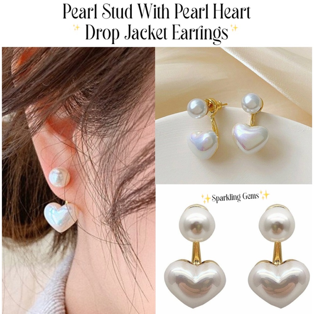 Elegant Stud With Pearl Heart Drop Jacket Earrings